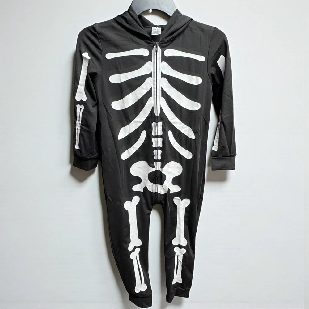 Kids Skeleton Costume Jumpsuit 8T Hooded Halloween Black White One Piece NWOT